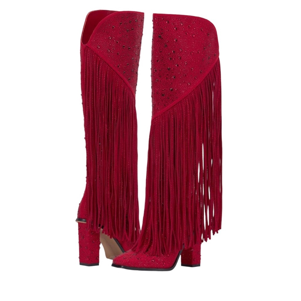 JESSICA SIMPSON Red Western Fringe Rhinestone Knee Boots size 8.5 wide calf - Picture 4 of 9